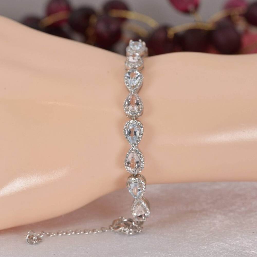 Natural Morganite and Swiss Blue Topaz Halo Pear Tennis Bracelet 925 7"